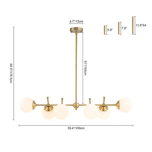 LightFixturesUSA-Brass 6-Light Opal Glass Globe Linear Island Chandelier-Ceiling Light-Brass-