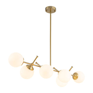LightFixturesUSA-Brass 6-Light Opal Glass Globe Linear Island Chandelier-Ceiling Light-Brass-