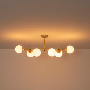 LightFixturesUSA-Brass 6-Light Opal Glass Globe Linear Island Chandelier-Ceiling Light-Brass-