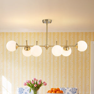 LightFixturesUSA-Brass 6-Light Opal Glass Globe Linear Island Chandelier-Ceiling Light-Brass-