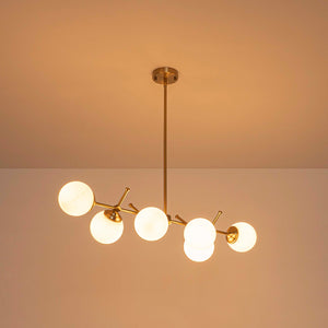 LightFixturesUSA-Brass 6-Light Opal Glass Globe Linear Island Chandelier-Ceiling Light-Brass-