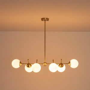 LightFixturesUSA-Brass 6-Light Opal Glass Globe Linear Island Chandelier-Ceiling Light-Brass-