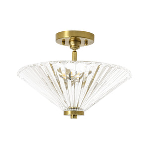 LightFixturesUSA-Brass Clear Fluted Glass Round Cone Semi Flush Mount-Ceiling Light-13.7 in-