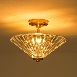 LightFixturesUSA-Brass Clear Fluted Glass Round Cone Semi Flush Mount-Ceiling Light-13.7 in-