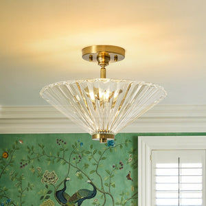 LightFixturesUSA-Brass Clear Fluted Glass Round Cone Semi Flush Mount-Ceiling Light-13.7 in-