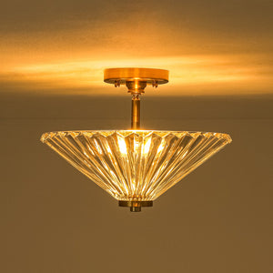 LightFixturesUSA-Brass Clear Fluted Glass Round Cone Semi Flush Mount-Ceiling Light-13.7 in-