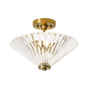 LightFixturesUSA-Brass Clear Fluted Glass Round Cone Semi Flush Mount-Ceiling Light-13.7 in-
