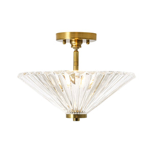 LightFixturesUSA-Brass Clear Fluted Glass Round Cone Semi Flush Mount-Ceiling Light-13.7 in-