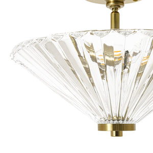 LightFixturesUSA-Brass Clear Fluted Glass Round Cone Semi Flush Mount-Ceiling Light-13.7 in-