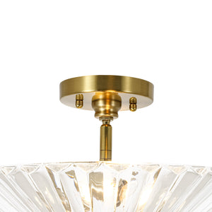 LightFixturesUSA-Brass Clear Fluted Glass Round Cone Semi Flush Mount-Ceiling Light-13.7 in-