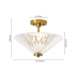 LightFixturesUSA-Brass Clear Fluted Glass Round Cone Semi Flush Mount-Ceiling Light-13.7 in-