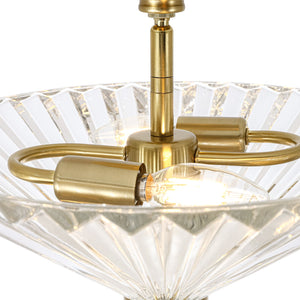 LightFixturesUSA-Brass Clear Fluted Glass Round Cone Semi Flush Mount-Ceiling Light-13.7 in-