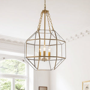 LightFixturesUSA - Brass Clear Glass Geometric Cube Lantern Pendant Light - Chandelier - Brass - 