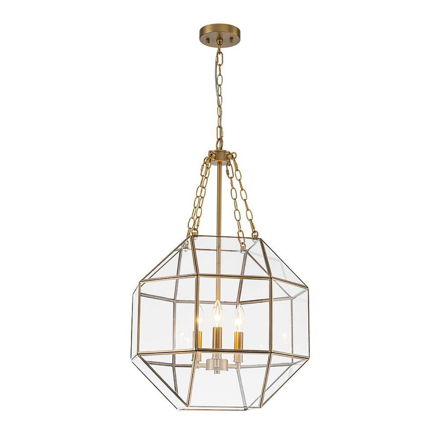 LightFixturesUSA - Brass Clear Glass Geometric Cube Lantern Pendant Light - Chandelier - Brass - 