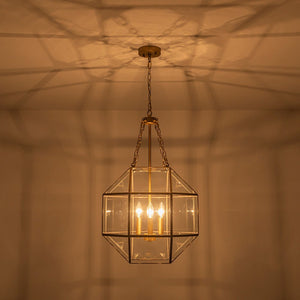 LightFixturesUSA - Brass Clear Glass Geometric Cube Lantern Pendant Light - Chandelier - Brass - 