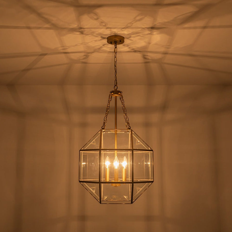 LightFixturesUSA - Brass Clear Glass Geometric Cube Lantern Pendant Light - Chandelier - Brass - 