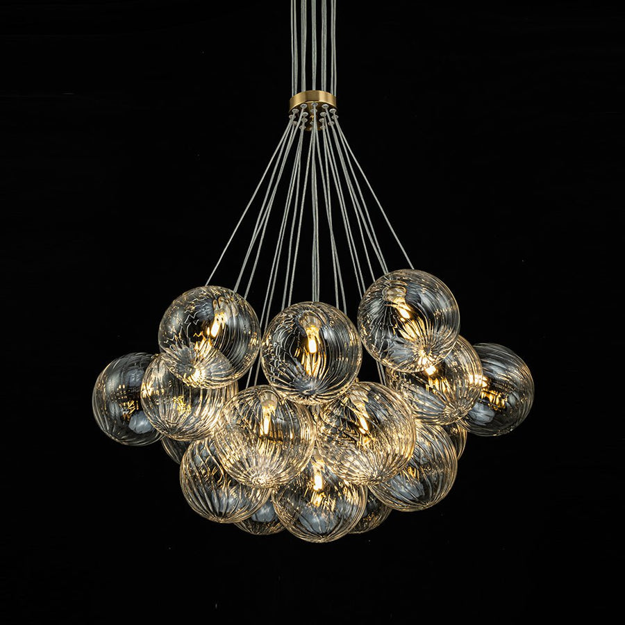 LightFixturesUSA-Brass Clear Ribbed Glass Ball Cluster Bubble Chandelier-Chandelier-19-Lt-