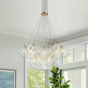 LightFixturesUSA-Brass Clear Ribbed Glass Ball Cluster Bubble Chandelier-Chandelier-19-Lt-