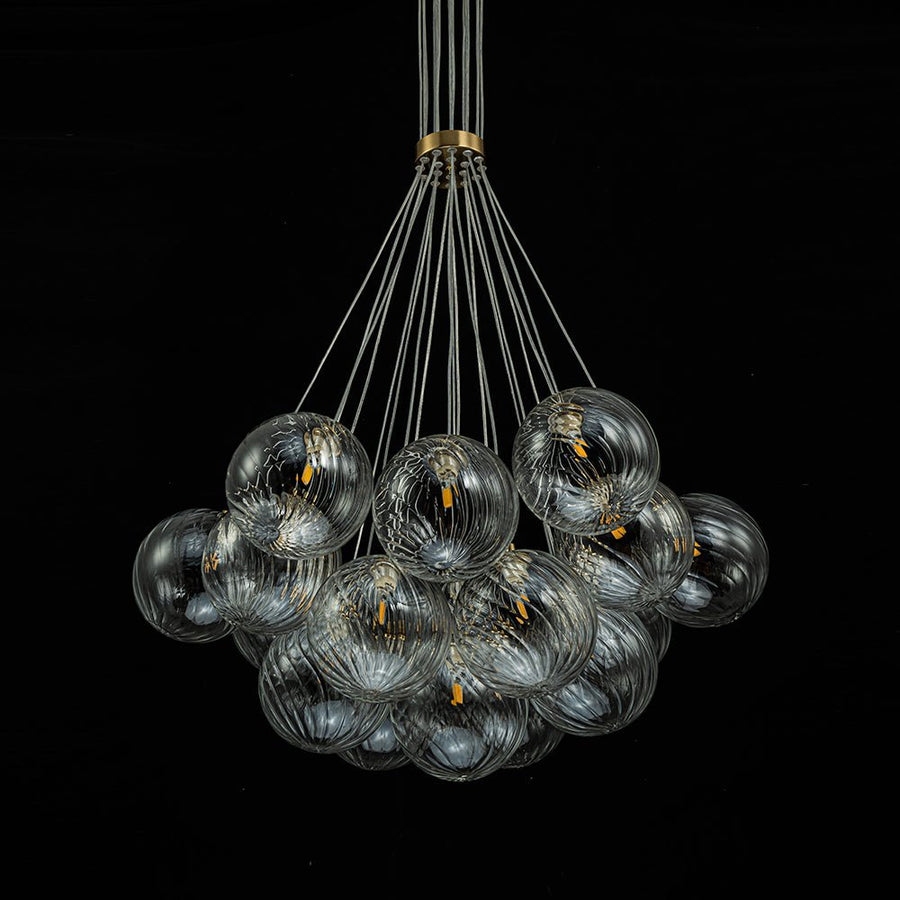 LightFixturesUSA-Brass Clear Ribbed Glass Ball Cluster Bubble Chandelier-Chandelier-19-Lt-