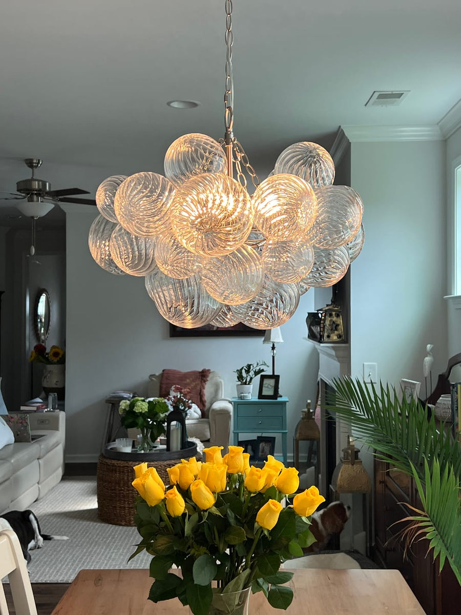 LightFixturesUSA - Brass Cluster Ribbed Glass Globe Bubble Chandelier - Chandelier - 3 - Lt - Nickel