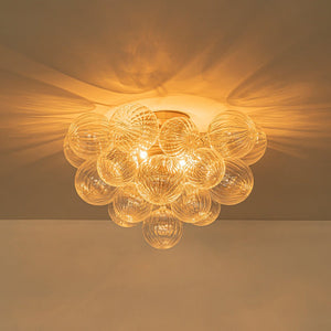 LightFixturesUSA-Brass Cluster Ribbed Glass Globe Bubble Semi Flush Chandelier-Chandelier-Brass-