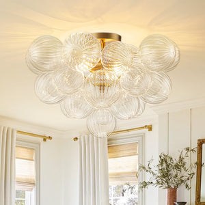 LightFixturesUSA-Brass Cluster Ribbed Glass Globe Bubble Semi Flush Chandelier-Chandelier-Brass-