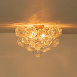LightFixturesUSA-Brass Cluster Ribbed Glass Globe Bubble Semi Flush Chandelier-Chandelier-Brass-