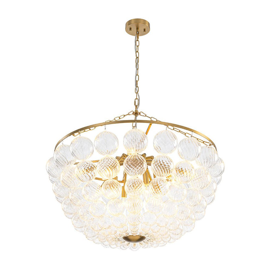 LightFixturesUSA - Brass Draped Ribbed Glass Bubble Round Pendant Chandelier - Chandelier - 12 - Lt - 