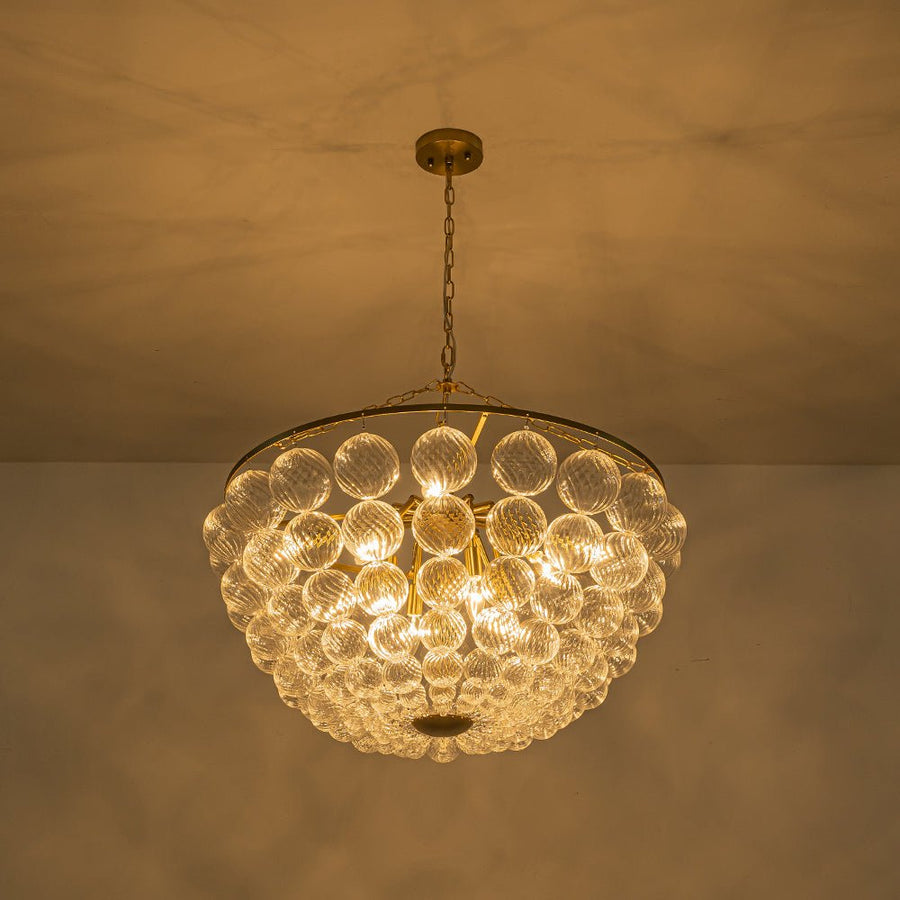 LightFixturesUSA - Brass Draped Ribbed Glass Bubble Round Pendant Chandelier - Chandelier - 12 - Lt - 