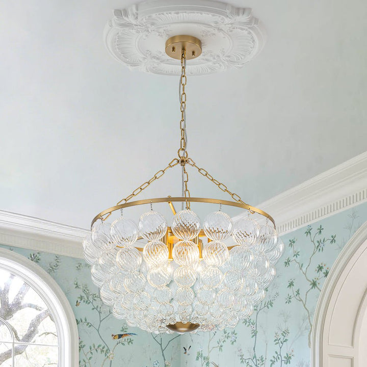 LightFixturesUSA - Brass Draped Ribbed Glass Bubble Round Pendant Chandelier - Chandelier - 12 - Lt - 