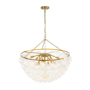 LightFixturesUSA - Brass Draped Ribbed Glass Bubble Round Pendant Chandelier - Chandelier - 12 - Lt - 