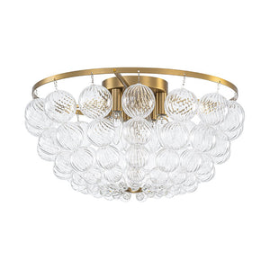 LightFixturesUSA - Brass Draped Ribbed Glass Globe Round Semi Flush Chandelier - Ceiling Light - Brass - 