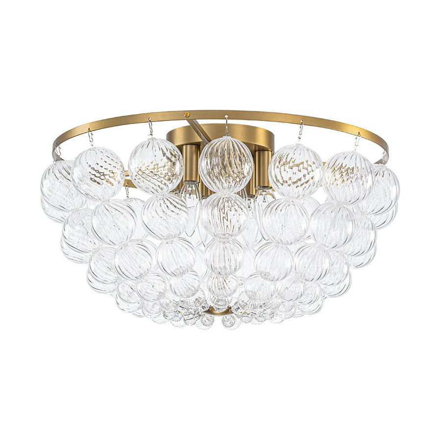 LightFixturesUSA - Brass Draped Ribbed Glass Globe Round Semi Flush Chandelier - Ceiling Light - Brass - 