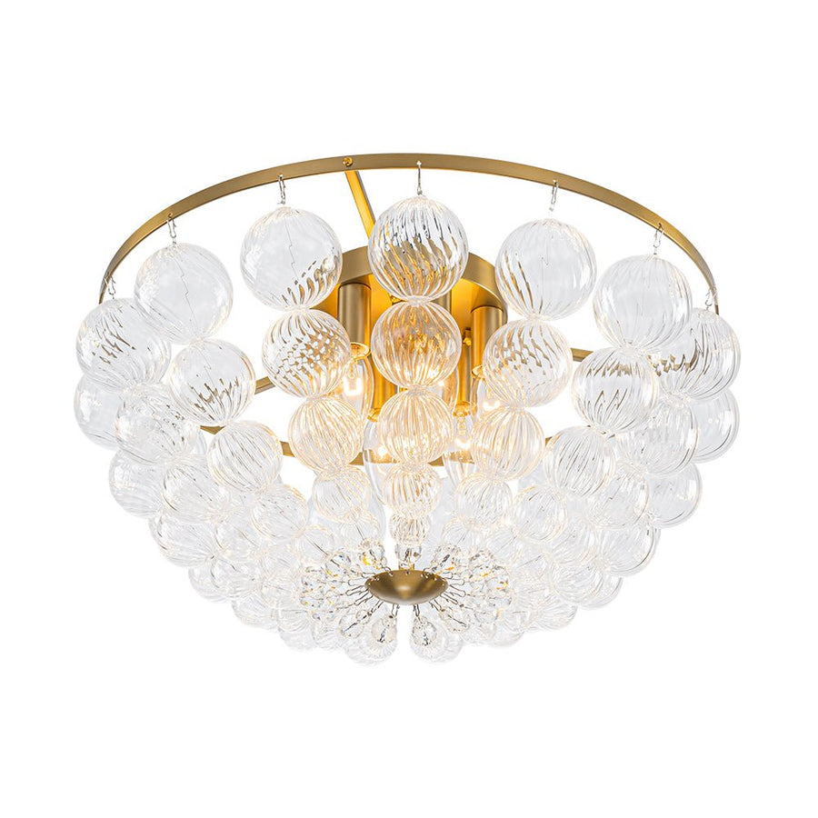 LightFixturesUSA - Brass Draped Ribbed Glass Globe Round Semi Flush Chandelier - Ceiling Light - Brass - 