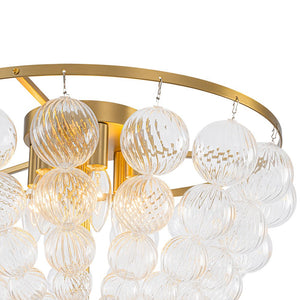 LightFixturesUSA - Brass Draped Ribbed Glass Globe Round Semi Flush Chandelier - Ceiling Light - Brass - 