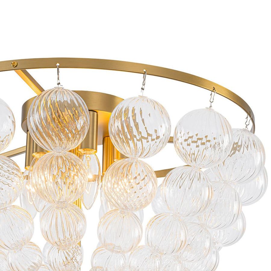 LightFixturesUSA - Brass Draped Ribbed Glass Globe Round Semi Flush Chandelier - Ceiling Light - Brass - 