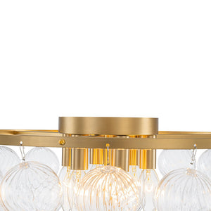 LightFixturesUSA - Brass Draped Ribbed Glass Globe Round Semi Flush Chandelier - Ceiling Light - Brass - 