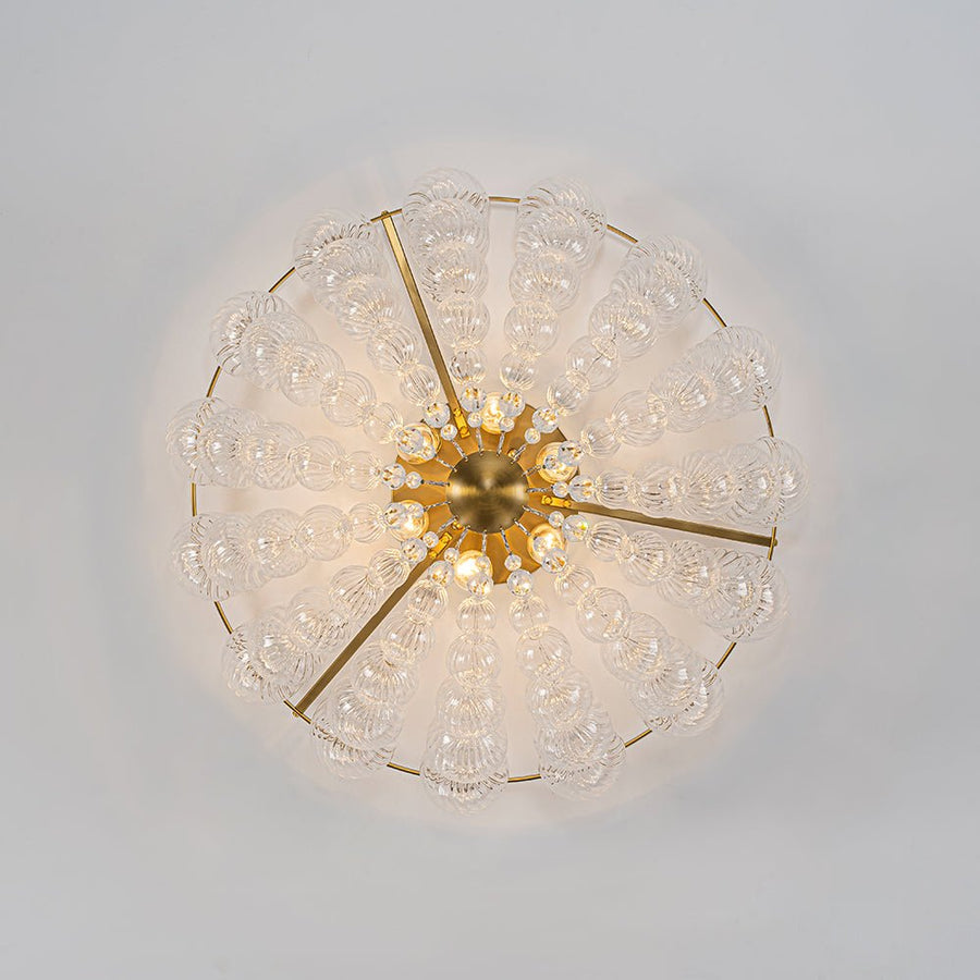 LightFixturesUSA - Brass Draped Ribbed Glass Globe Round Semi Flush Chandelier - Ceiling Light - Brass - 