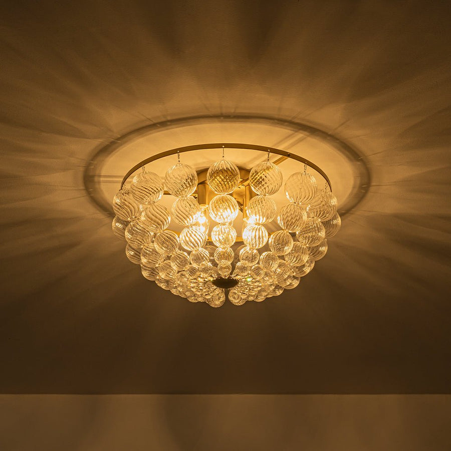 LightFixturesUSA - Brass Draped Ribbed Glass Globe Round Semi Flush Chandelier - Ceiling Light - Brass - 