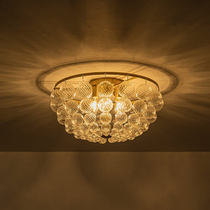 LightFixturesUSA - Brass Draped Ribbed Glass Globe Round Semi Flush Chandelier - Ceiling Light - Brass - 