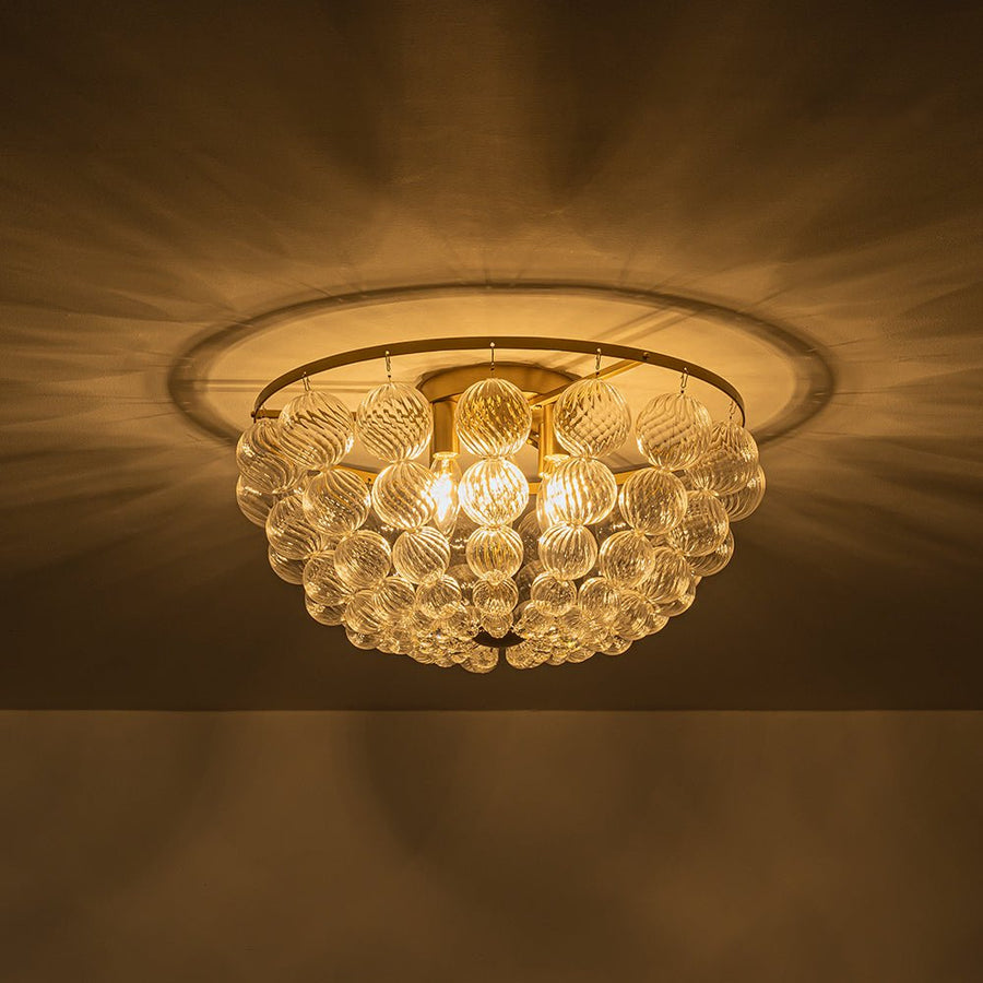 LightFixturesUSA - Brass Draped Ribbed Glass Globe Round Semi Flush Chandelier - Ceiling Light - Brass - 