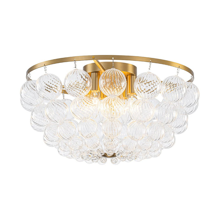 LightFixturesUSA - Brass Draped Ribbed Glass Globe Round Semi Flush Chandelier - Ceiling Light - Brass - 
