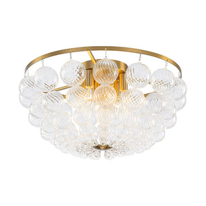 LightFixturesUSA - Brass Draped Ribbed Glass Globe Round Semi Flush Chandelier - Ceiling Light - Brass - 