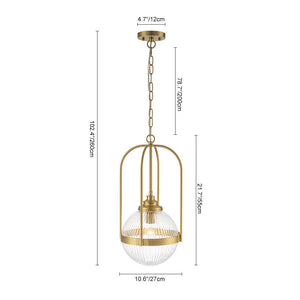 LightFixturesUSA-Brass Mid-Century 1-Light Clear Ribbed Glass Globe Pendant-Pendant Light-10.6 in-