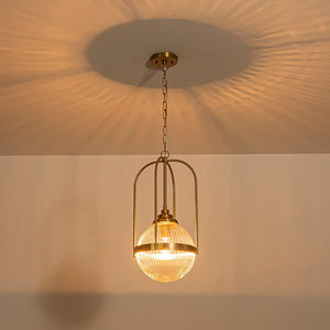 LightFixturesUSA-Brass Mid-Century 1-Light Clear Ribbed Glass Globe Pendant-Pendant Light-10.6 in-