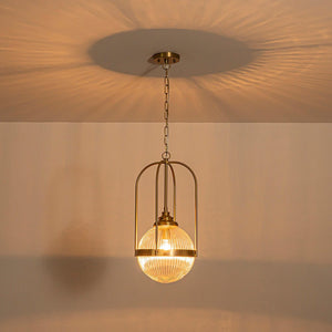 LightFixturesUSA-Brass Mid-Century 1-Light Clear Ribbed Glass Globe Pendant-Pendant Light-10.6 in-