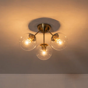 LightFixturesUSA - Brass Mid - Century 3 - Light Glass Globe Semi Flush Mount - Ceiling Light - Clear - 