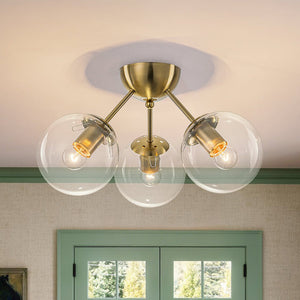 LightFixturesUSA - Brass Mid - Century 3 - Light Glass Globe Semi Flush Mount - Ceiling Light - Clear - 