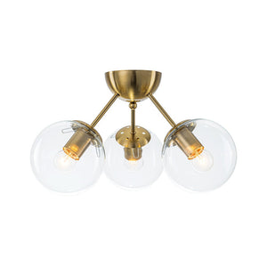 LightFixturesUSA - Brass Mid - Century 3 - Light Glass Globe Semi Flush Mount - Ceiling Light - Clear - 