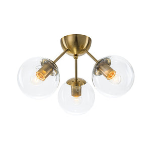 LightFixturesUSA - Brass Mid - Century 3 - Light Glass Globe Semi Flush Mount - Ceiling Light - Clear - 